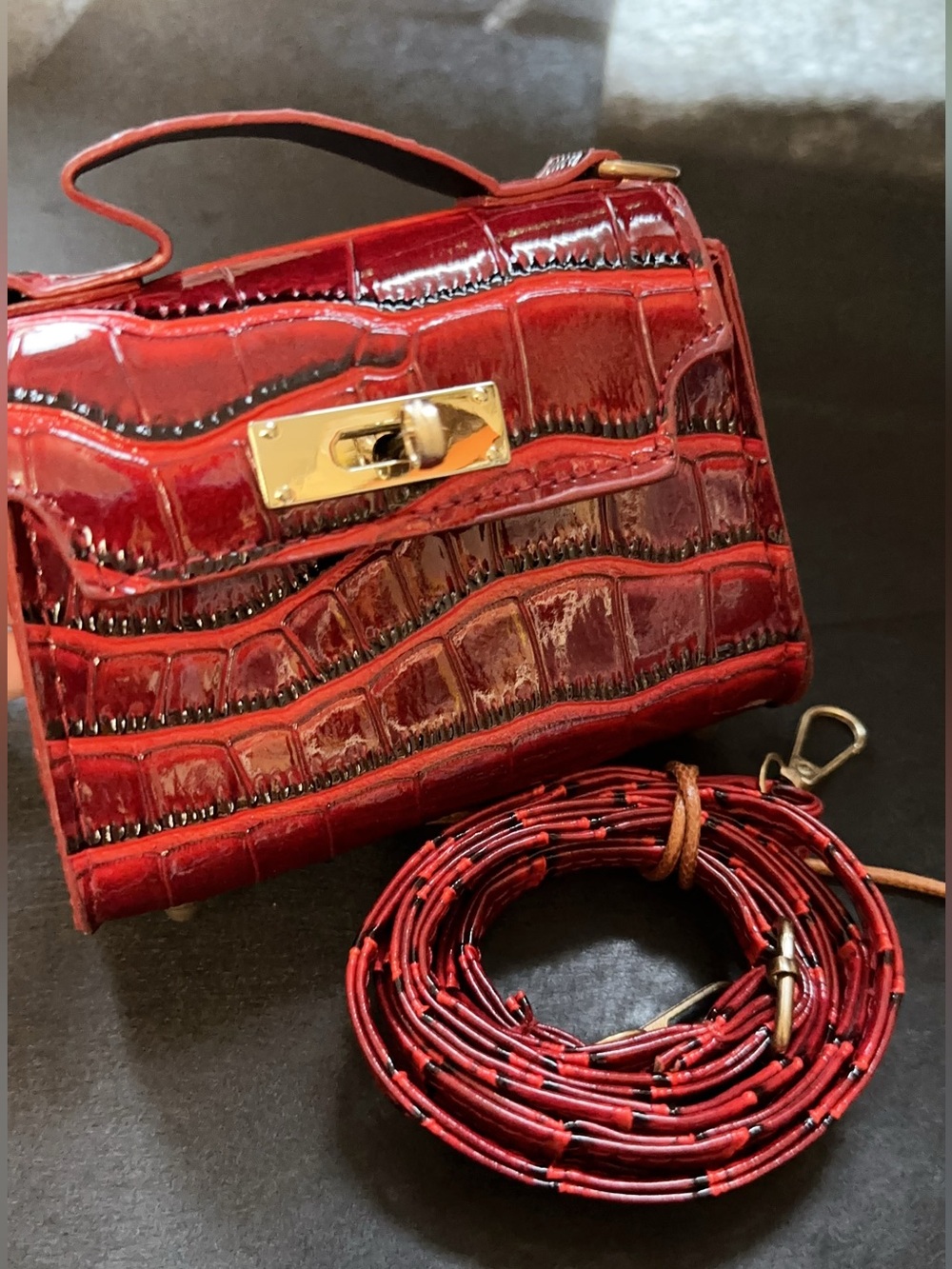 Red Croc-Embossed Mini Crossbody Bag